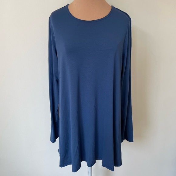 Eileen Fisher Long Sleeve Blue Crew Neck Viscose Spandex Jersey Tunic Top Sz PL - Picture 1 of 8